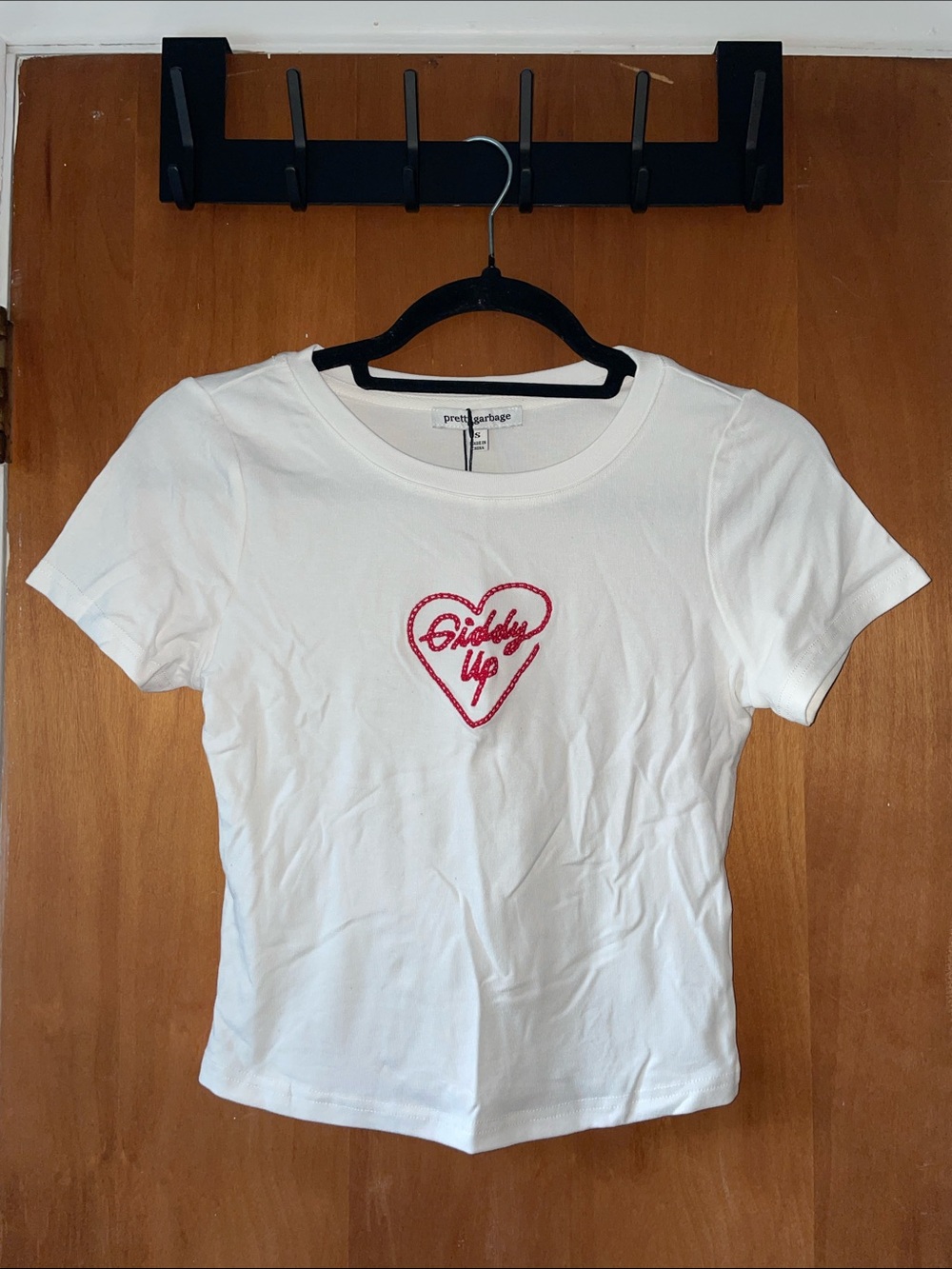 PrettyGarbage White Short Sleeve Tee with Red Heart 'Giddy Up' Embroidery